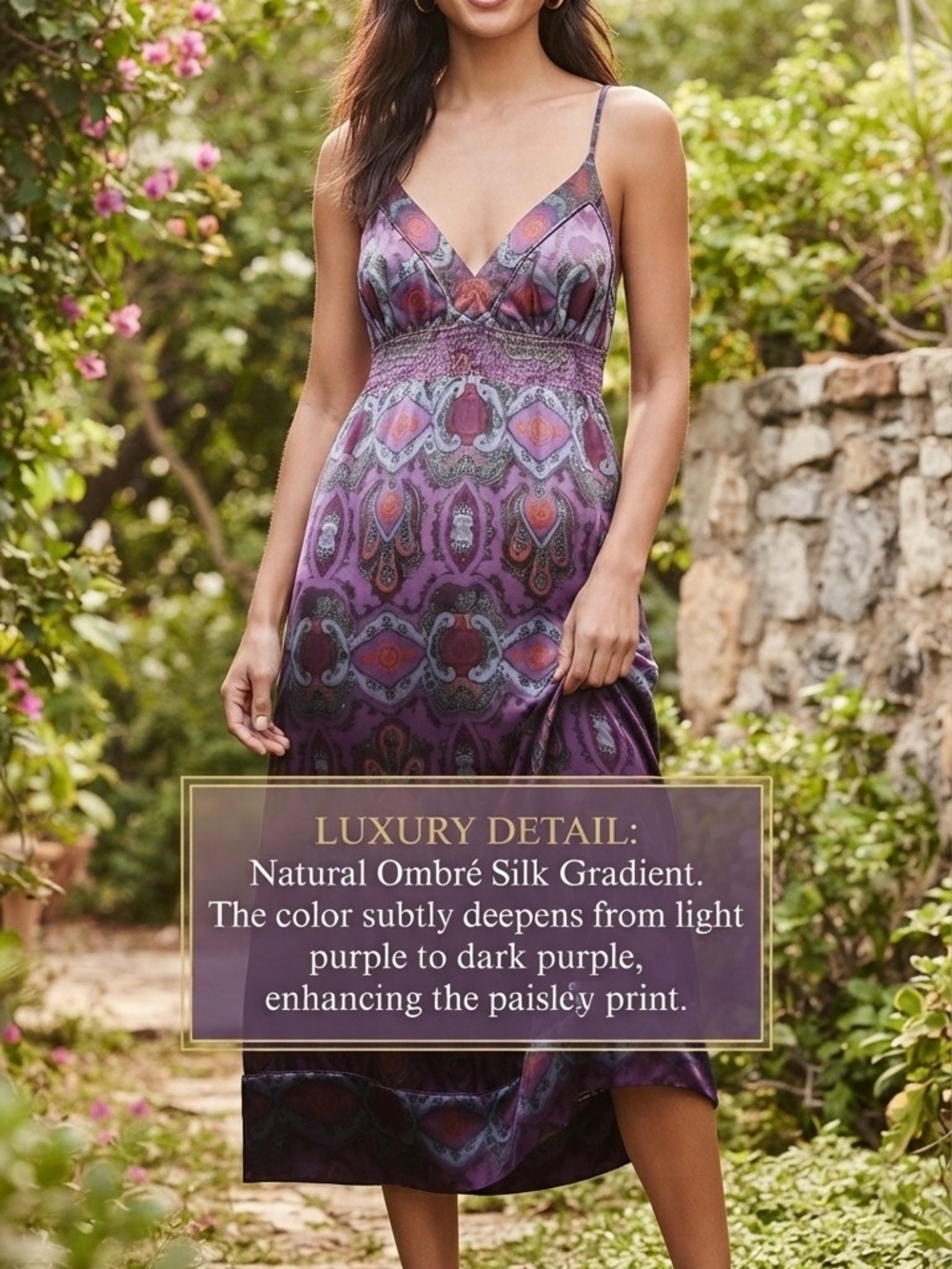 Banana Republic Silk Purple Paisley Print Smocked Waist Slip Dress Women's Sz 4